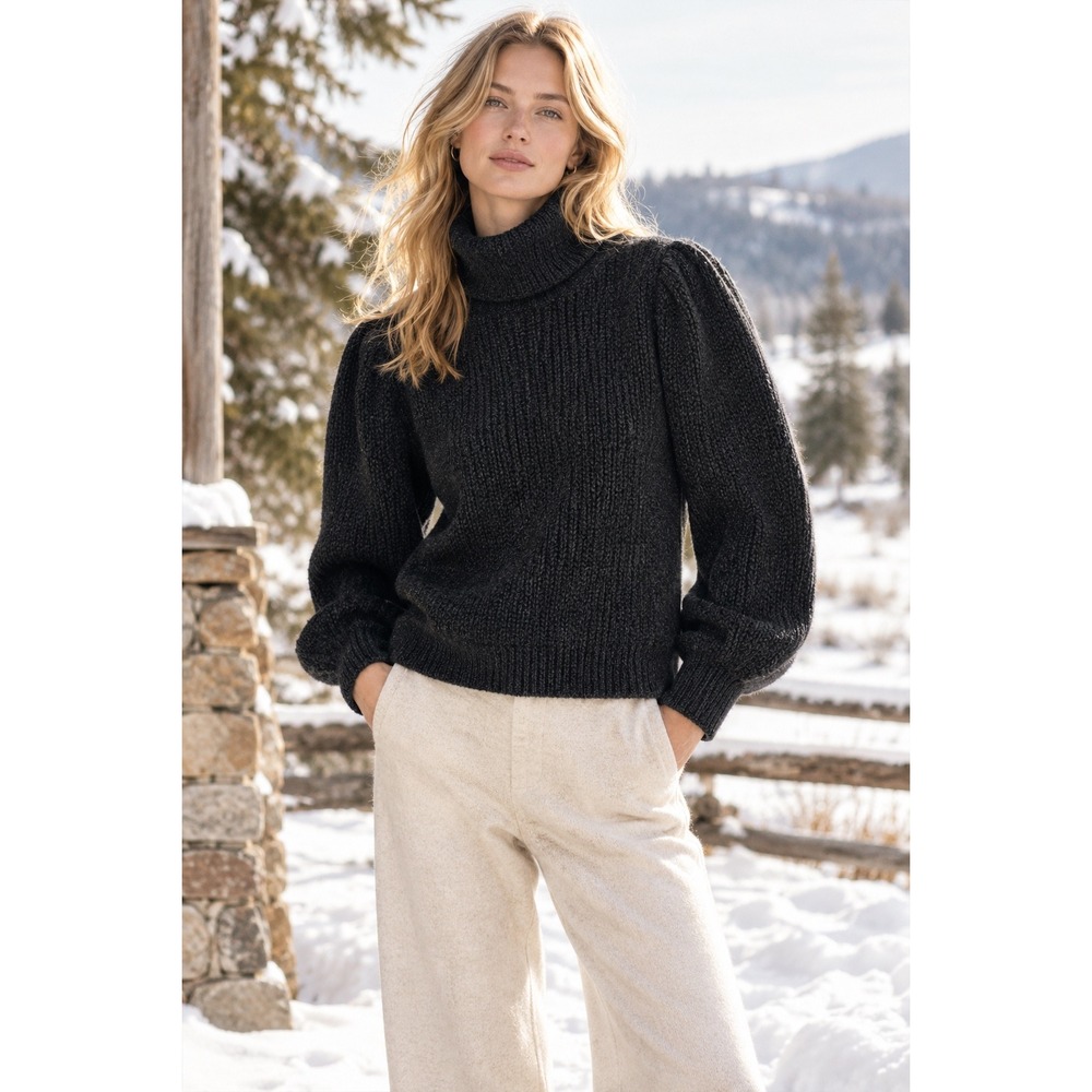 J. Crew Puff Sleeve Turtleneck Sweater XXS Black Merino Wool Alpaca Blend